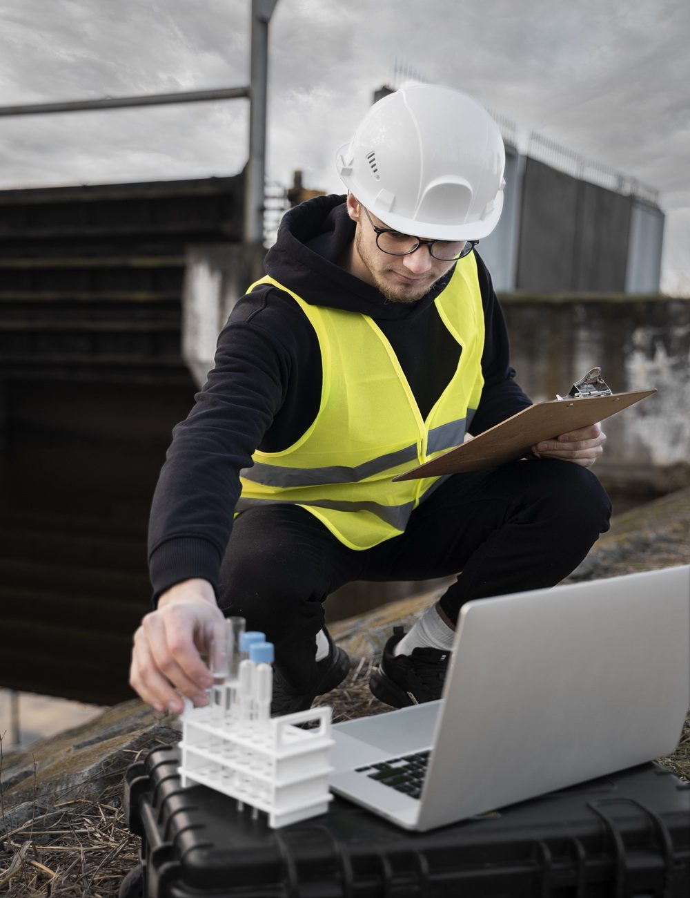 full-shot-engineer-with-laptop-outside